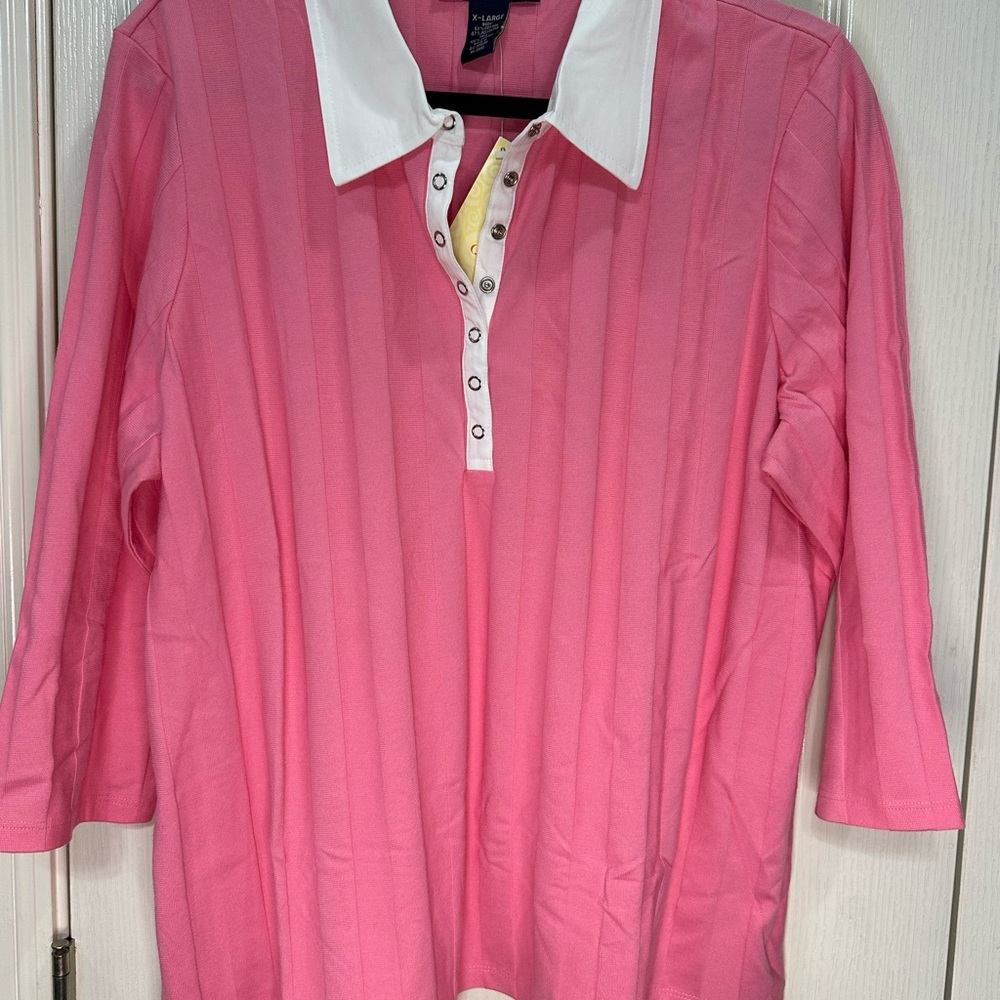Denim&Co Pink 3/4 Sleeve Shirt with White Collar NWT